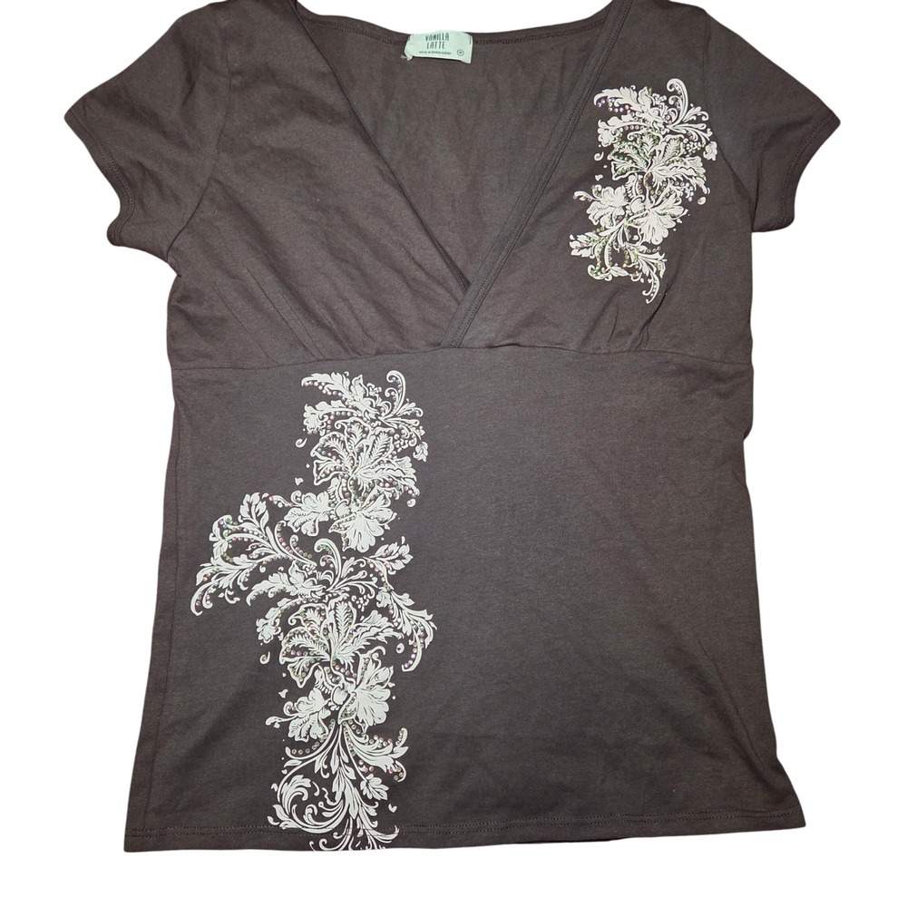 Brown Floral Rhinestone V Neck Short Sleeve Top M Y2K Fairy Grunge Whimsigoth